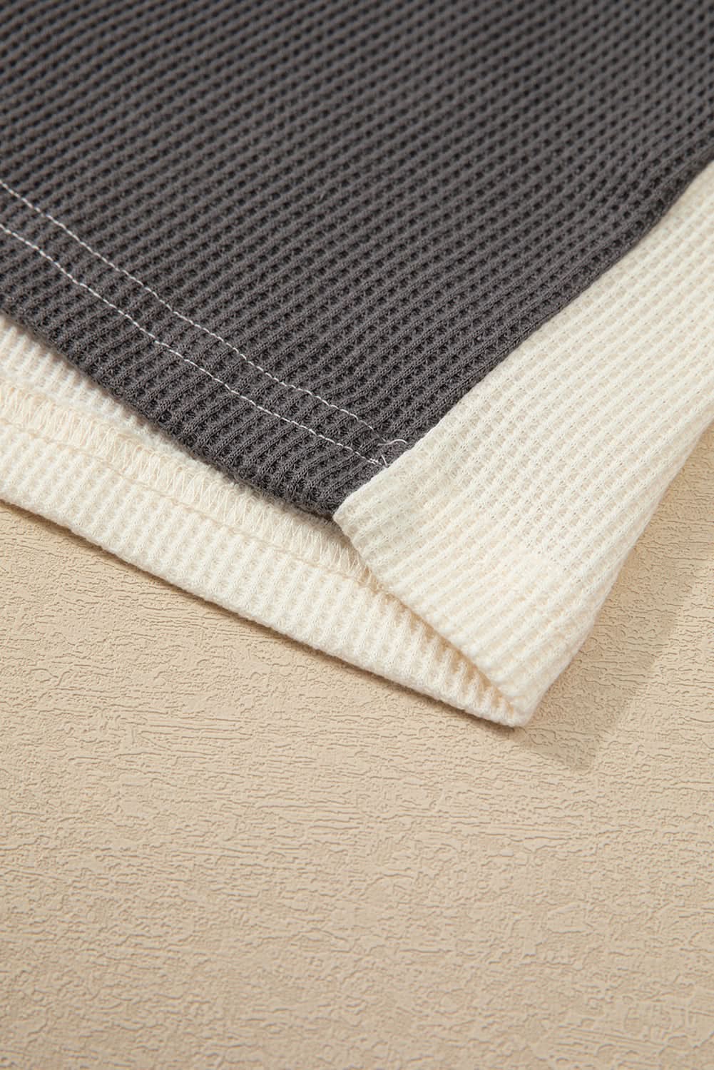 Dark Grey Waffle Colorblock Buttons Placket Drop Shoulder Drawstring Hoodie - Love Salve